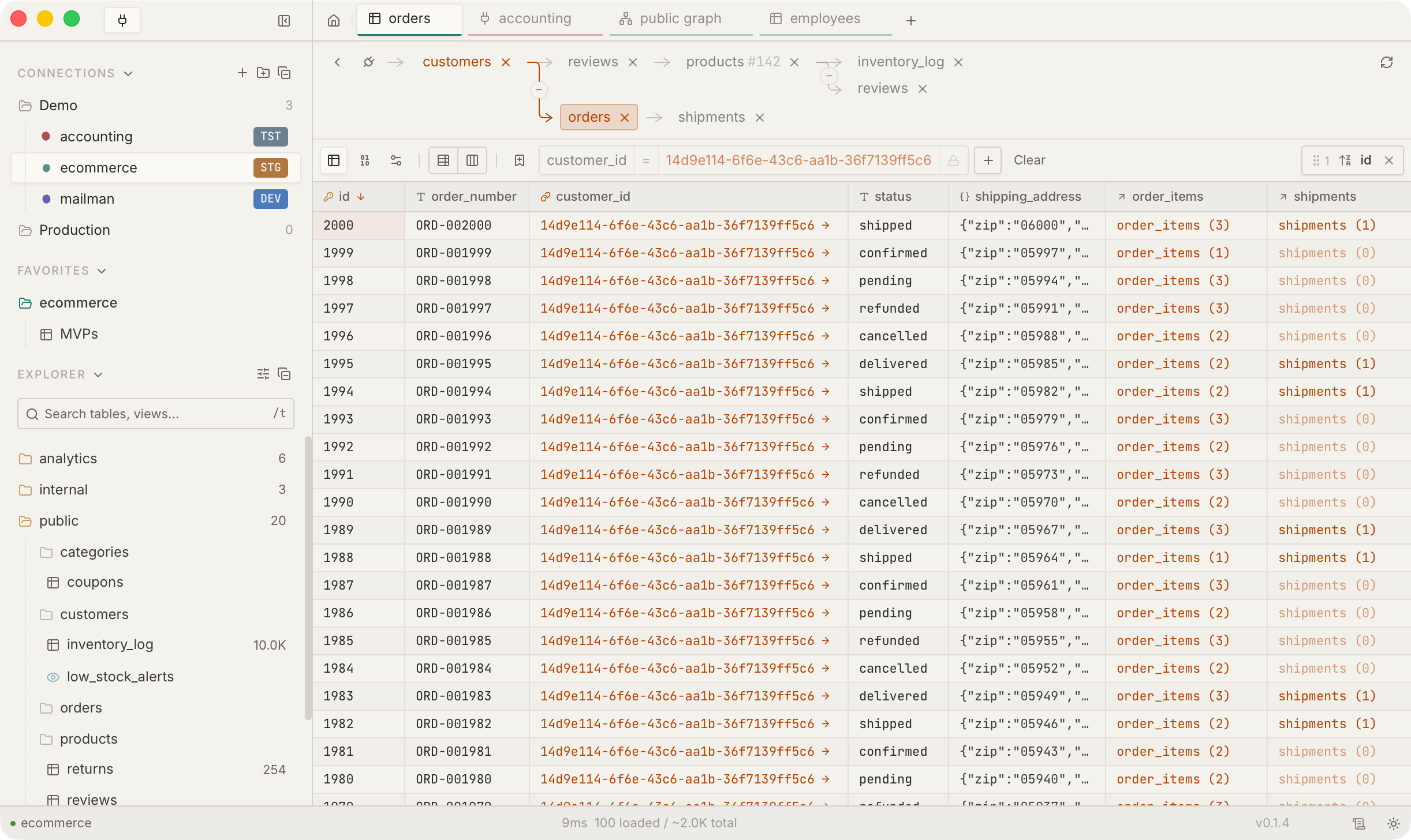 SlashTable main window showing a data table with foreign key relationships highlighted and breadcrumb navigation — dark mode left, light mode right — light mode